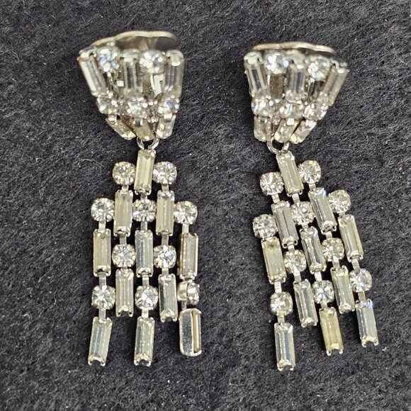 Western Germany Rhinestone Vintage Dangle Earrings Faux Diamonds Silver Tone - Picture 4 of 11